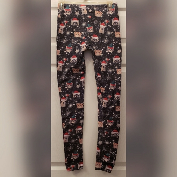 Gray Christmas Patterned Animal Santa Print Jersey Leggings Women's Size Small - Picture 3 of 4
